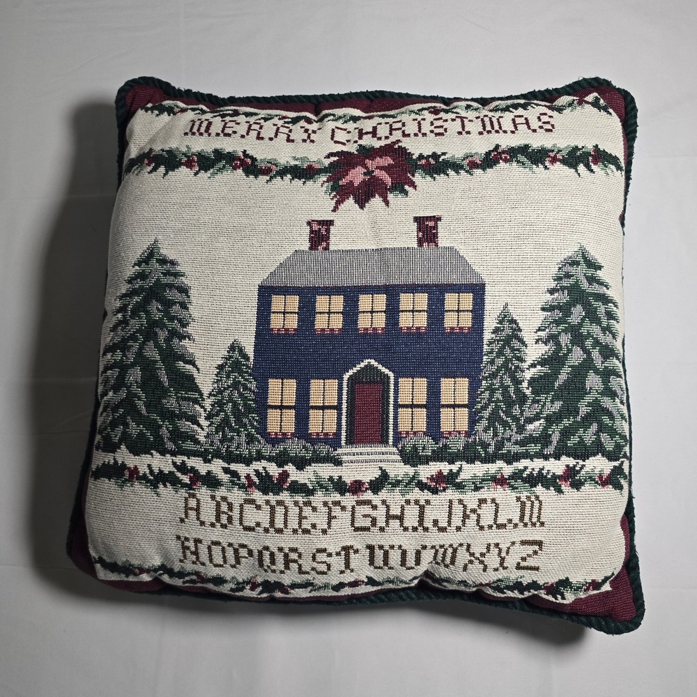 Vintage Christmas Folk art Tapestry Pillow Colonial House Alphabet Woven 15x15